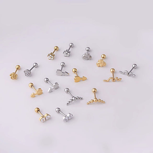Stainless Steel Flower Snake Ear Bone Screw Ball Earrings Electroplated
