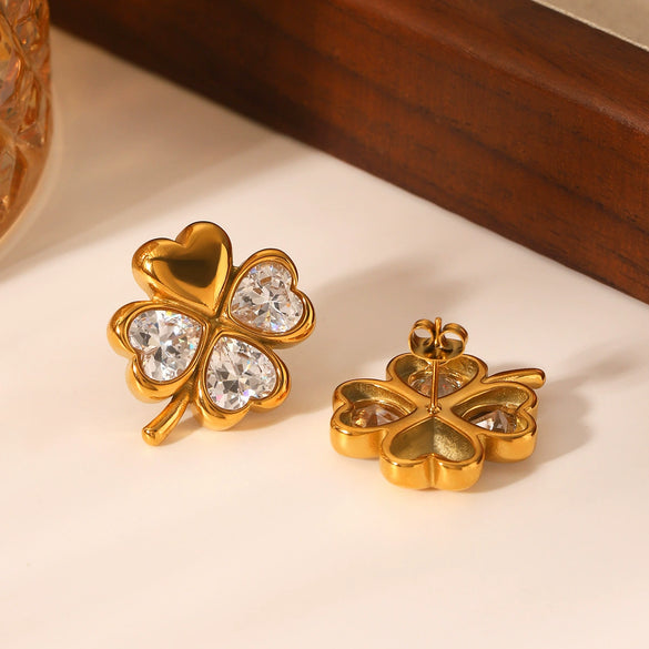Stainless Steel Fourleaf Clover Heart Zircon Earrings For Women