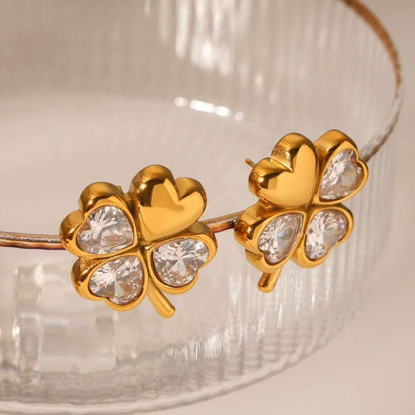 Stainless Steel Fourleaf Clover Heart Zircon Earrings For Women