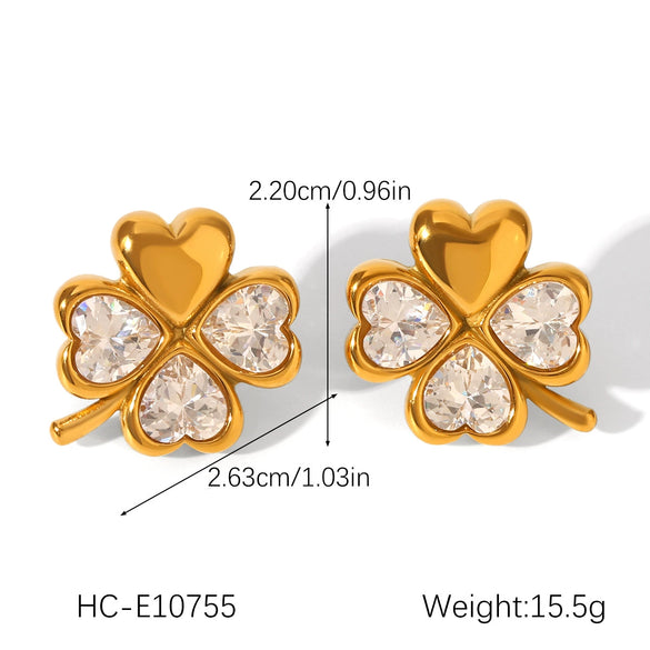 Stainless Steel Fourleaf Clover Heart Zircon Earrings For Women