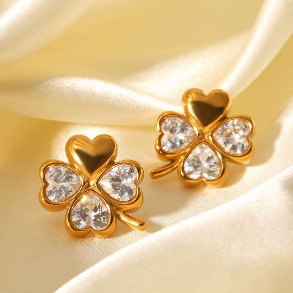 Stainless Steel Fourleaf Clover Heart Zircon Earrings For Women