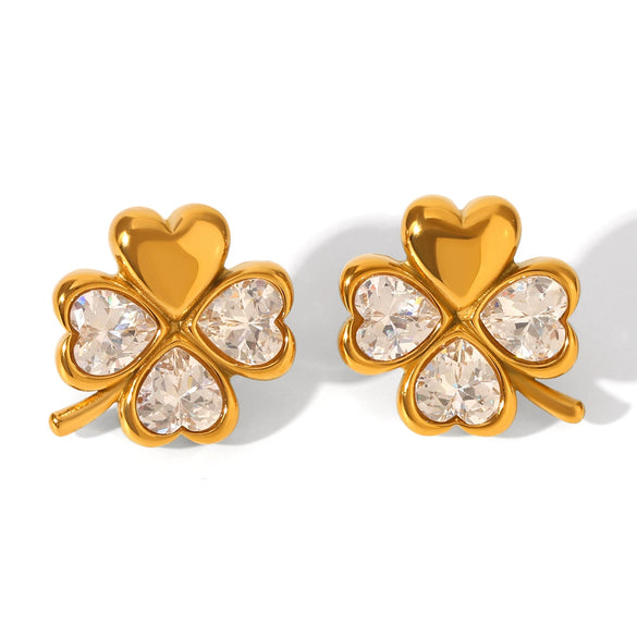 Stainless Steel Fourleaf Clover Heart Zircon Earrings For Women