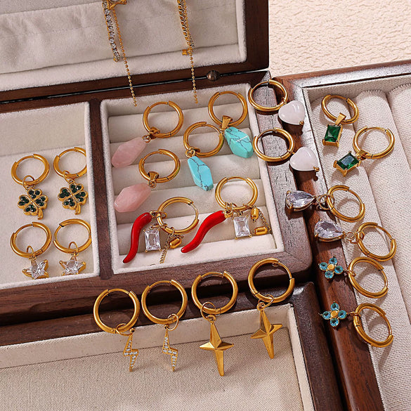 316L Stainless Steel Fourleaf Flower Rhinestone Earrings Electroplated For Women Fashion Jewelry