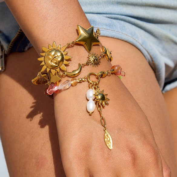 Stainless Steel Freshwater Pearl Turquoise Star Pendant Bracelet Retro Minimalist Geometric Electroplated Style For Women