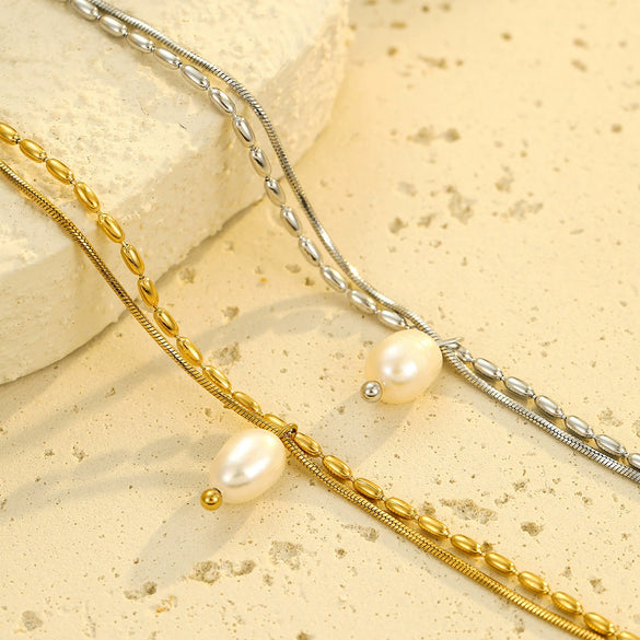 Stainless Steel Freshwater Pearl Women's Bracelet Fashion Double Layer Electroplated Jewelry