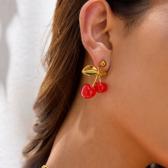 Stainless Steel Fruit Cherry Earrings For Women Electroplated Jewelry