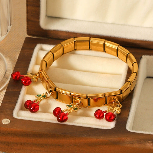 Stainless Steel Fruit Cherry Elastic Chain Bracelet Electroplating Women's Jewelry Light Luxury Niche Design