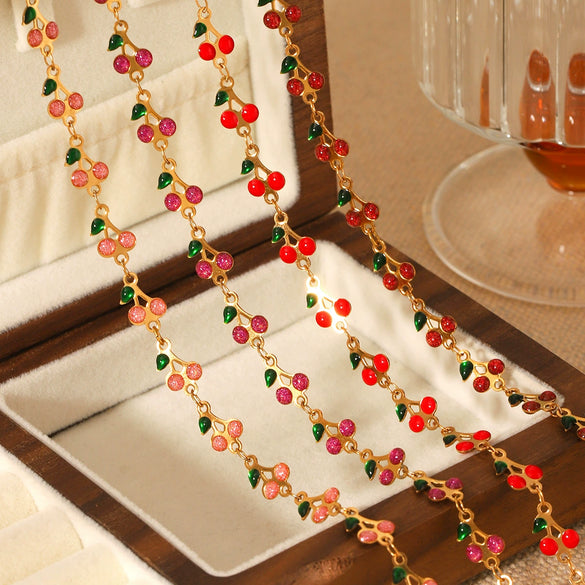 Stainless Steel Fruit Cherry Pendant Necklace For Women With Dripping Oil Design