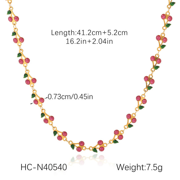 Stainless Steel Fruit Cherry Pendant Necklace For Women With Dripping Oil Design