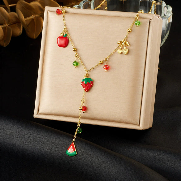 Stainless Steel Fruit Series Electroplated Artificial Strawberry Watermelon Pendant Necklace For Women