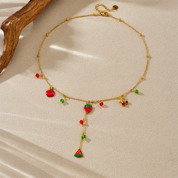 Stainless Steel Fruit Series Electroplated Artificial Strawberry Watermelon Pendant Necklace For Women