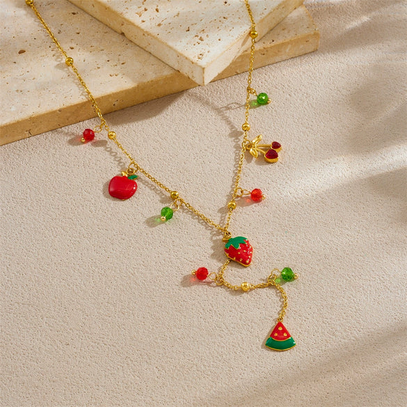 Stainless Steel Fruit Series Electroplated Artificial Strawberry Watermelon Pendant Necklace For Women