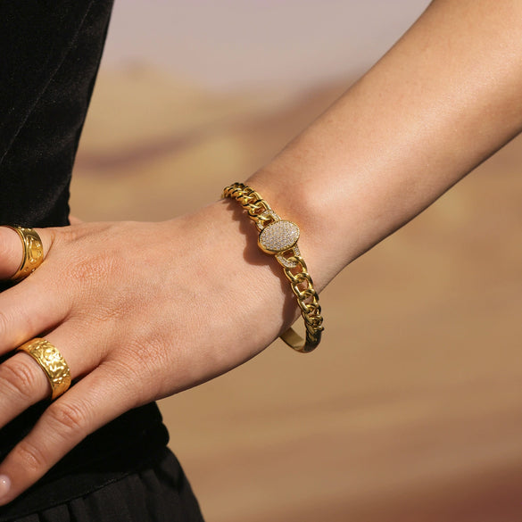 316L Stainless Steel Full Diamond Zircon Snap Bracelet Plated 18K True Gold Geometric Style Jewelry