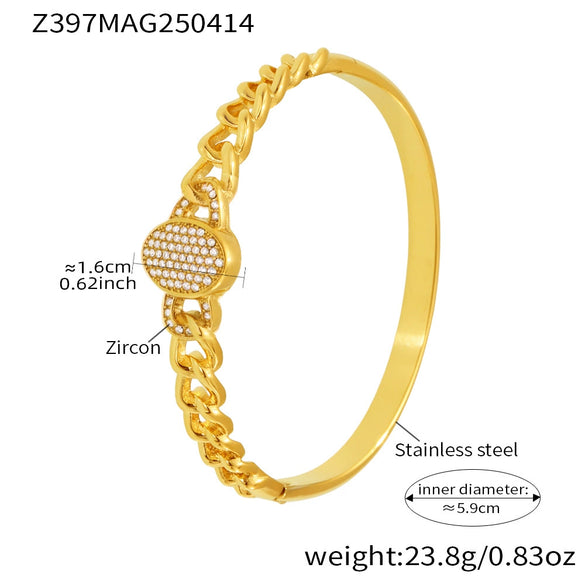 316L Stainless Steel Full Diamond Zircon Snap Bracelet Plated 18K True Gold Geometric Style Jewelry