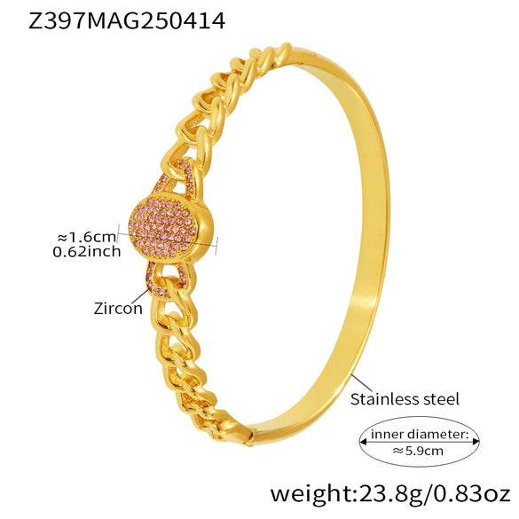 316L Stainless Steel Full Diamond Zircon Snap Bracelet Plated 18K True Gold Geometric Style Jewelry