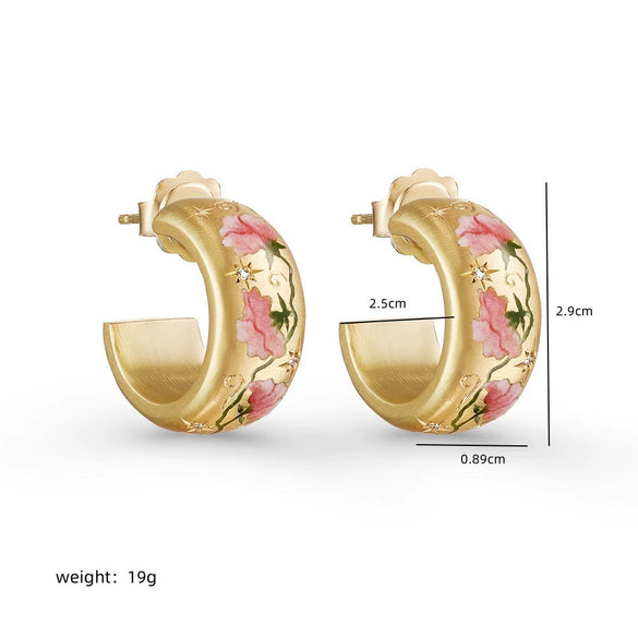 Stainless Steel Geometric And Flower Patterned Cshaped Electroplated Women's Earrings