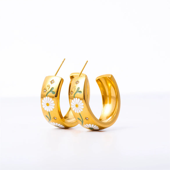 Stainless Steel Geometric And Flower Patterned Cshaped Electroplated Women's Earrings