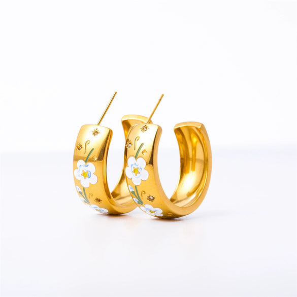 Stainless Steel Geometric And Flower Patterned Cshaped Electroplated Women's Earrings
