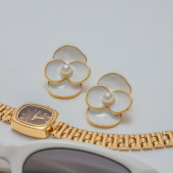 Stainless Steel Geometric And Flower Retro Earrings With Electroplating