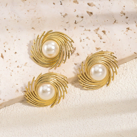 Stainless Steel Geometric Asymmetrical Spiral Earrings Set With Pearls For Women