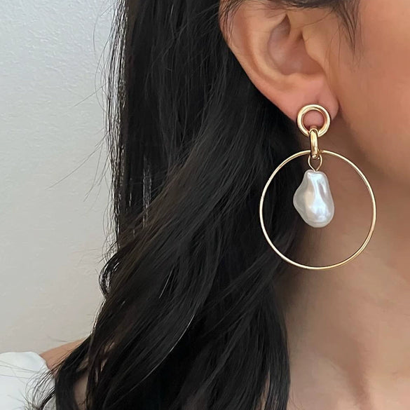 Stainless Steel Geometric Baroque Pearl Earrings Electroplated For Women