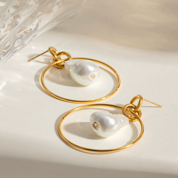 Stainless Steel Geometric Baroque Pearl Earrings Electroplated For Women