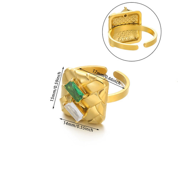 Stainless Steel Geometric Baroque Ring With Diamonds And Hollow Weaving