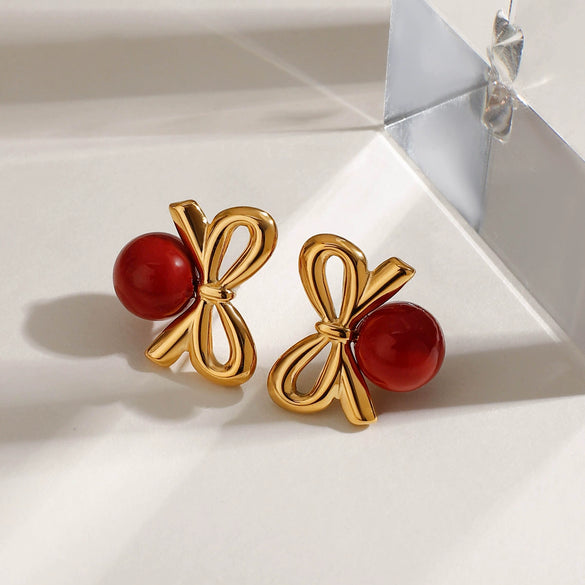 Stainless Steel Geometric Bead Bow Earrings With Electroplating