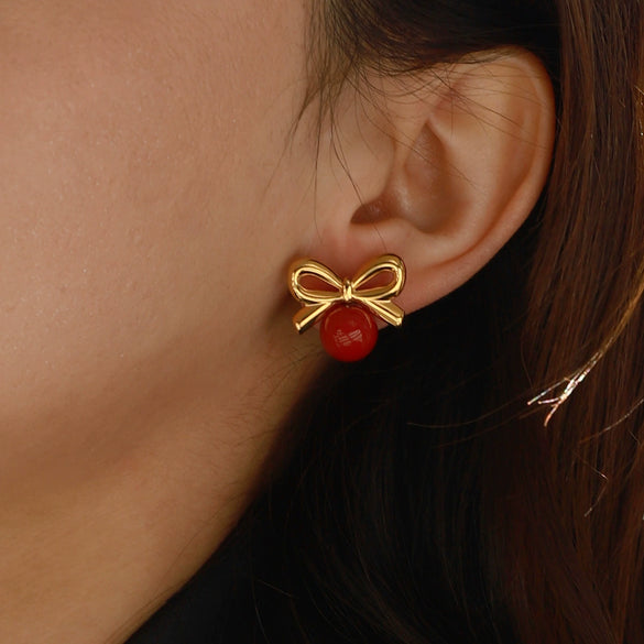 Stainless Steel Geometric Bead Bow Earrings With Electroplating