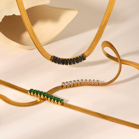 Stainless Steel Geometric Blade Snake Chain Necklace Inlaid With Zircon For Women