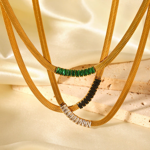 Stainless Steel Geometric Blade Snake Chain Necklace Inlaid With Zircon For Women