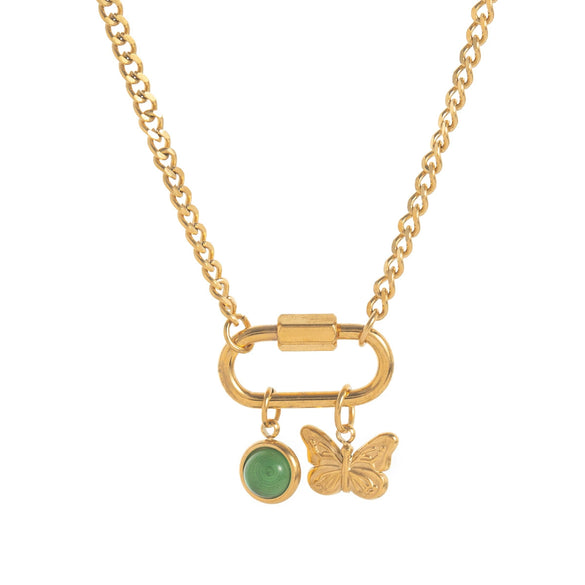 Stainless Steel Geometric Butterfly Lotus Pendant Necklace Vacuum Plated 18K Gold Color