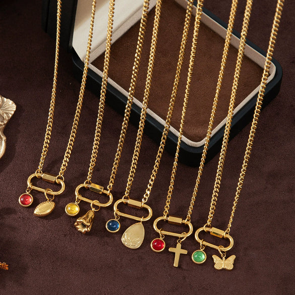 Stainless Steel Geometric Butterfly Lotus Pendant Necklace Vacuum Plated 18K Gold Color