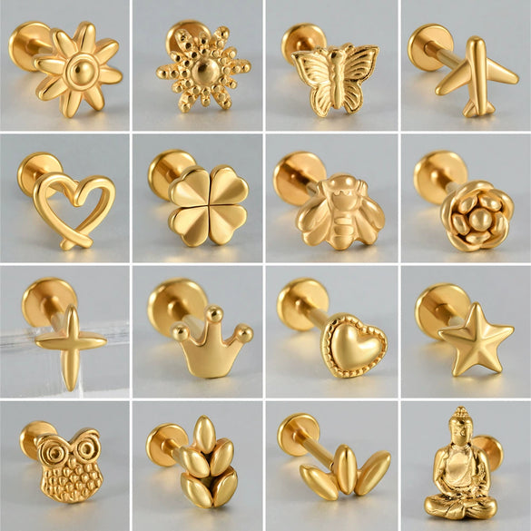 Stainless Steel Geometric Butterfly Love Lip Nail Four Leaf Clover Star Inner Teeth T Shaped Puncture Earrings Electroplated
