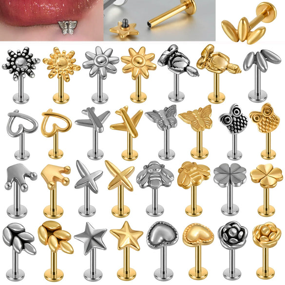 Stainless Steel Geometric Butterfly Love Lip Nail Four Leaf Clover Star Inner Teeth T Shaped Puncture Earrings Electroplated