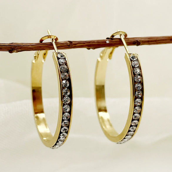 Stainless Steel Geometric Circle Ring Full Diamond Inlaid Zircon Electroplated Earrings