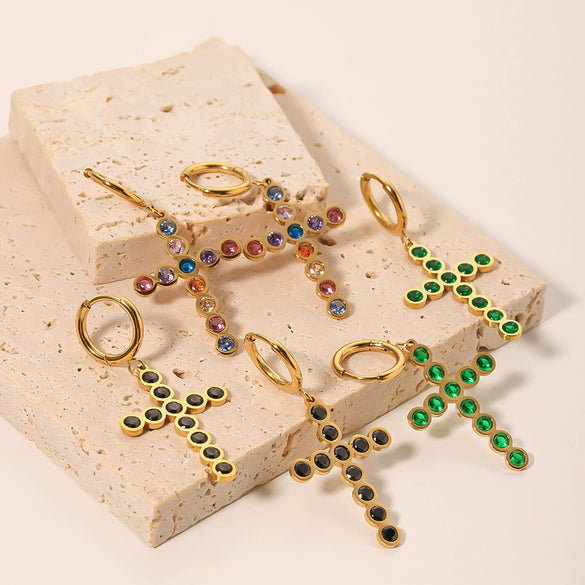 Stainless Steel Geometric Cross Earrings With Color Diamonds For Women Electroplated