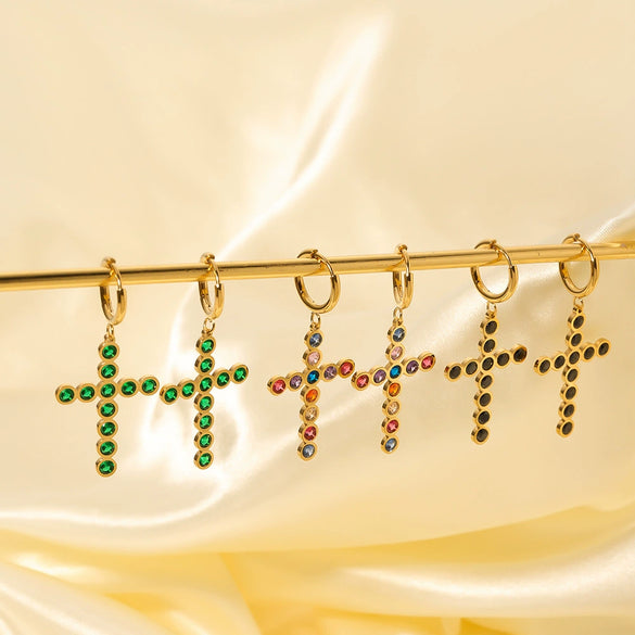 Stainless Steel Geometric Cross Earrings With Color Diamonds For Women Electroplated