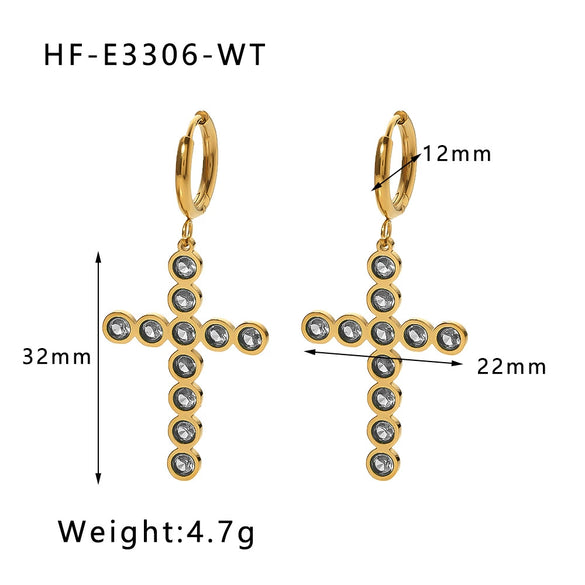 Stainless Steel Geometric Cross Earrings With Color Diamonds For Women Electroplated