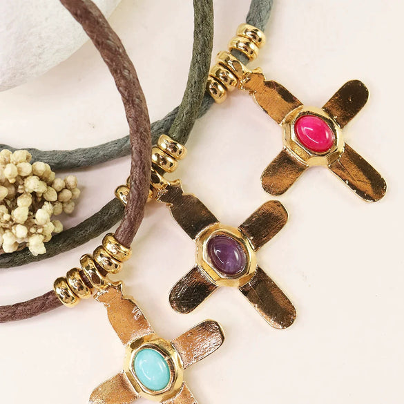 Stainless Steel Geometric Cross Imitation Natural Stone Pendant Electroplated Women's Accessories