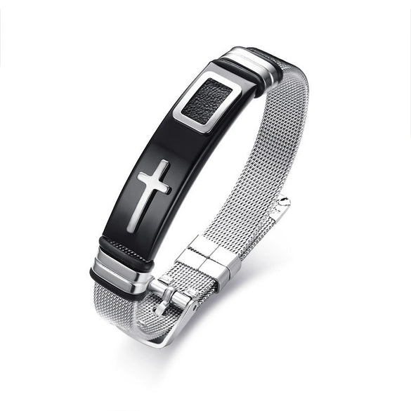 Stainless Steel Geometric Cross Mesh Men's Adjustable Bracelet Jewelry With Electroplating