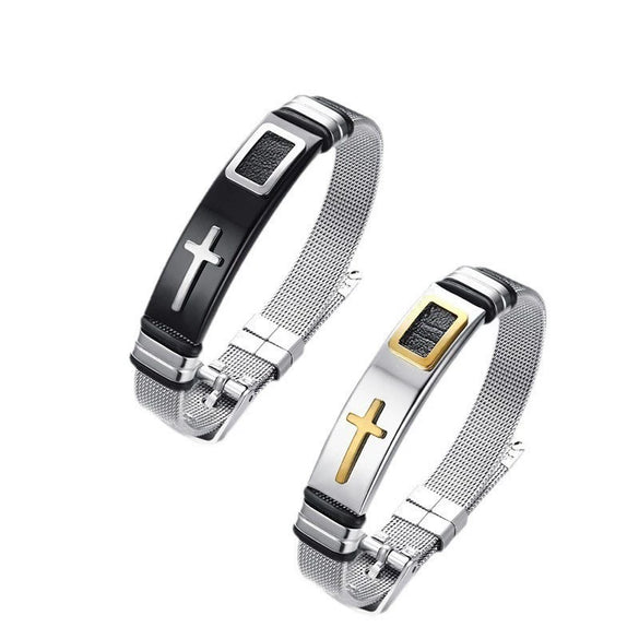 Stainless Steel Geometric Cross Mesh Men's Adjustable Bracelet Jewelry With Electroplating