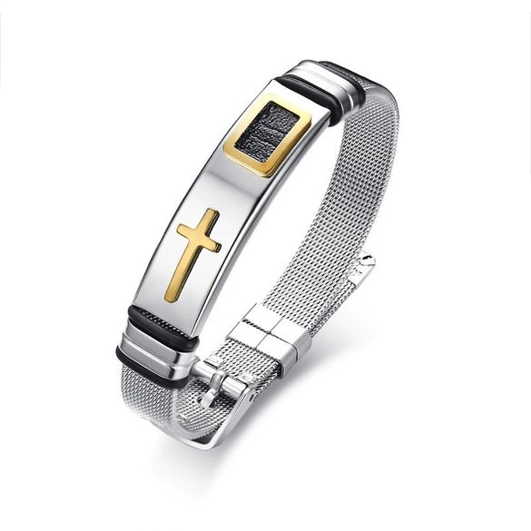 Stainless Steel Geometric Cross Mesh Men's Adjustable Bracelet Jewelry With Electroplating