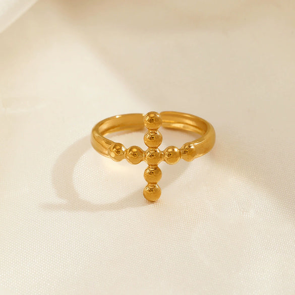 Stainless Steel Geometric Cross Opening Adjustable Ring For Women With Electroplating
