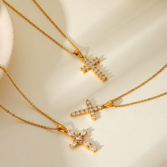 Stainless Steel Geometric Cross Pendant Necklace For Women Electroplated With Artificial Crystal