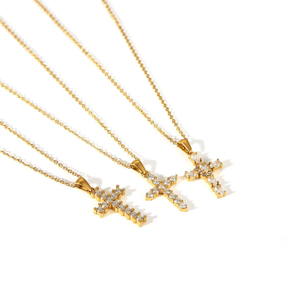 Stainless Steel Geometric Cross Pendant Necklace For Women Electroplated With Artificial Crystal