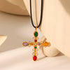 Stainless Steel Geometric Cross Pendant Necklace For Women Set With Gemstones