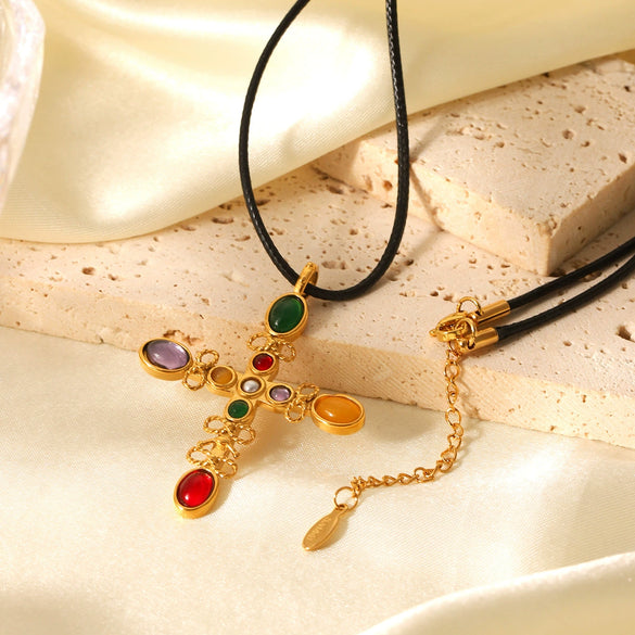 Stainless Steel Geometric Cross Pendant Necklace For Women Set With Gemstones
