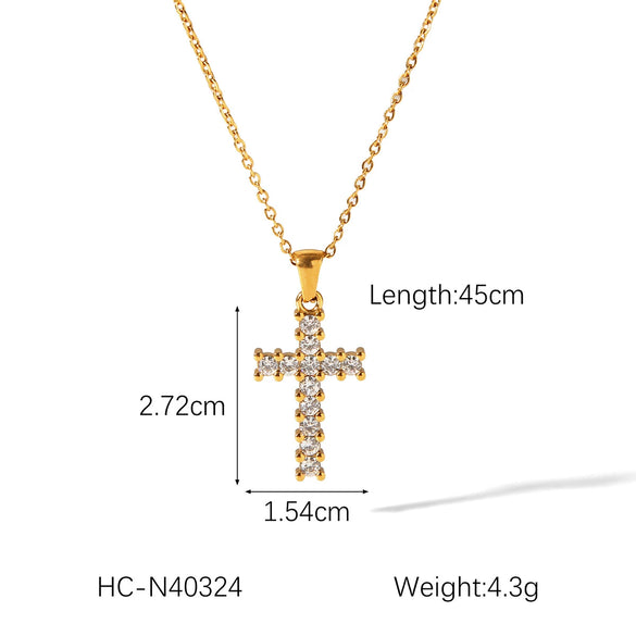 Stainless Steel Geometric Cross Pendant Necklace For Women Set With Gemstones