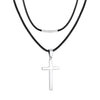 Stainless Steel Geometric Cross Pendant Necklace With Leather Rope Chain Electroplated Simple Fashion Jewelry For Couples